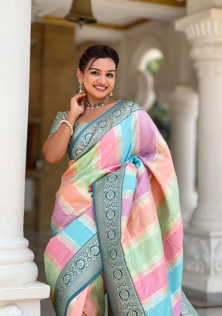 Turquoise Zari Woven Silk Saree Set - Indya