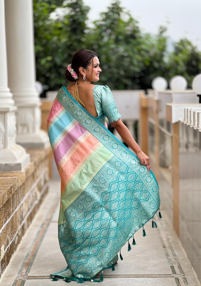 Rama Green Zari Woven Silk Saree Set - Indya