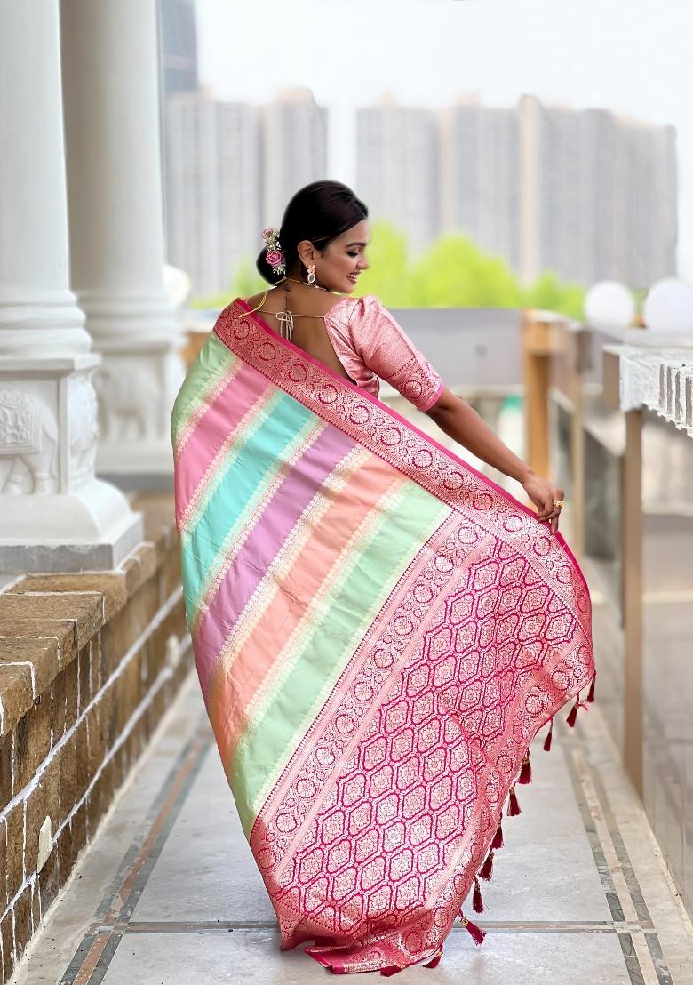 Pink Zari Woven Silk Saree Set - Indya