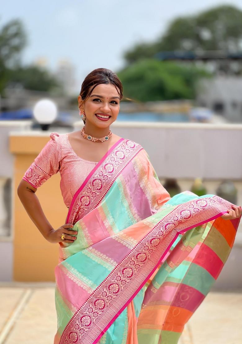 Pink Zari Woven Silk Saree Set - Indya
