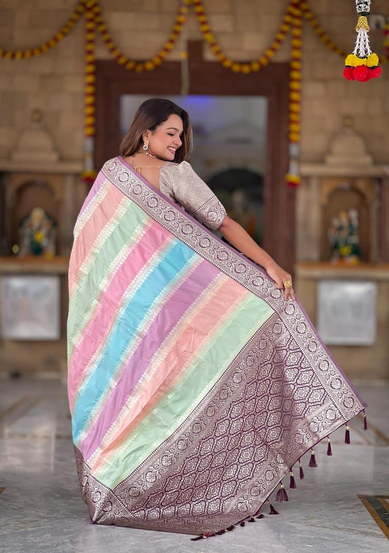 Wine Zari Woven Silk Saree Set - Indya