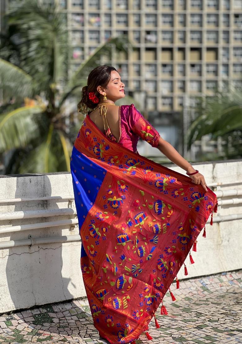Blue Zari Woven Silk Saree Set - Indya