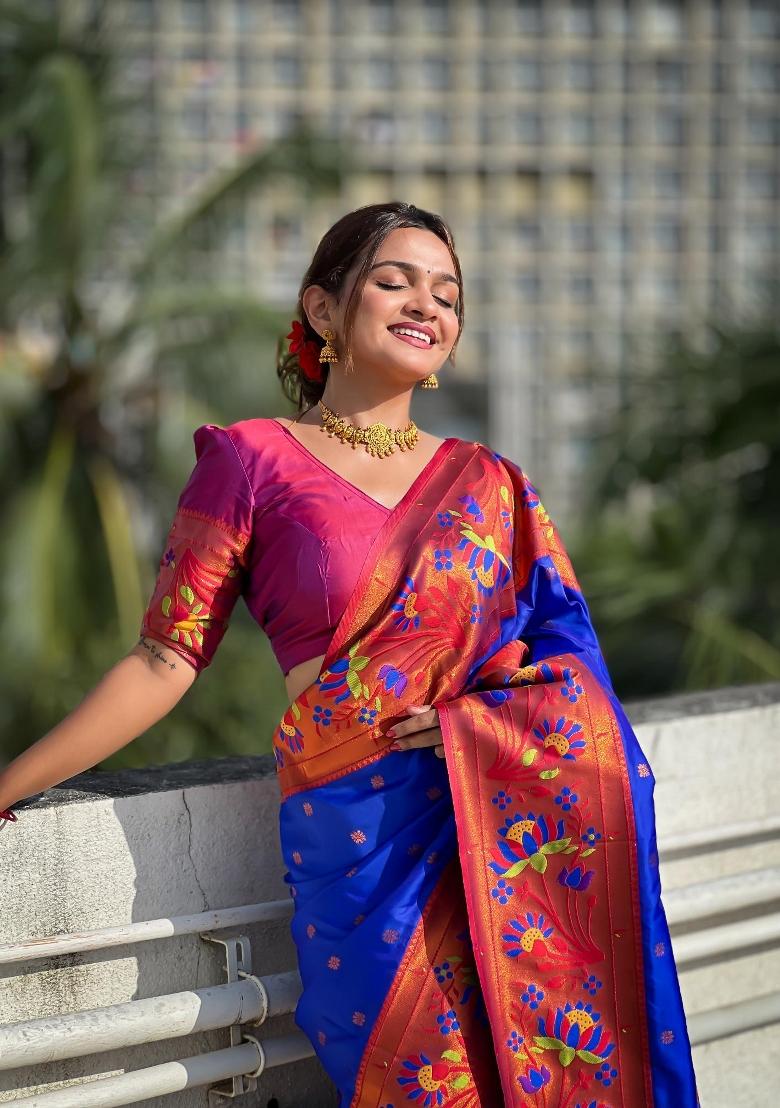 Blue Zari Woven Silk Saree Set - Indya
