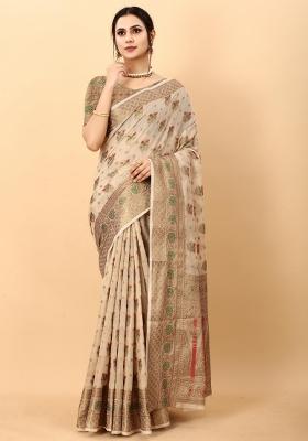 Cream Zari Woven Silk Saree Set