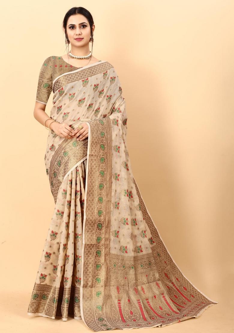 Cream Zari Woven Silk Saree Set - Indya