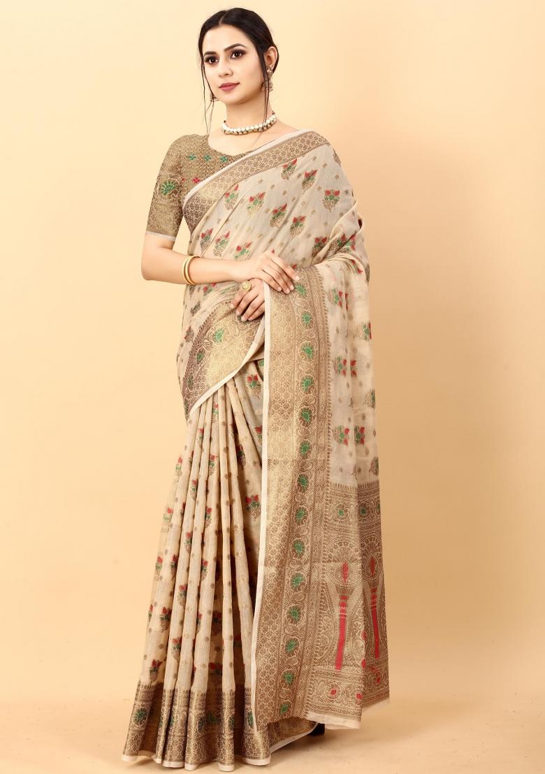 Cream Zari Woven Silk Saree Set - Indya