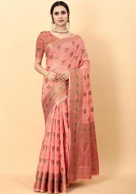 Pink Zari Woven Silk Saree Set