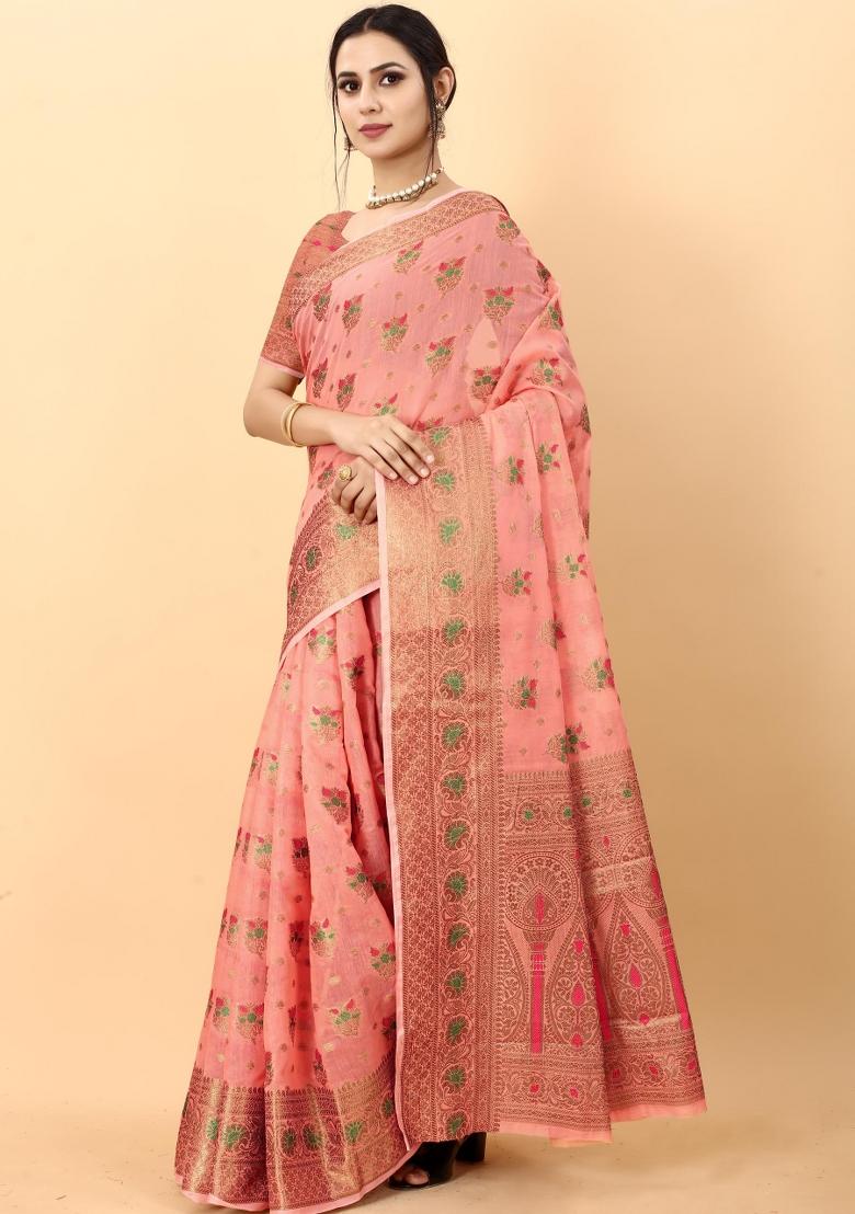 Pink Zari Woven Silk Saree Set - Indya