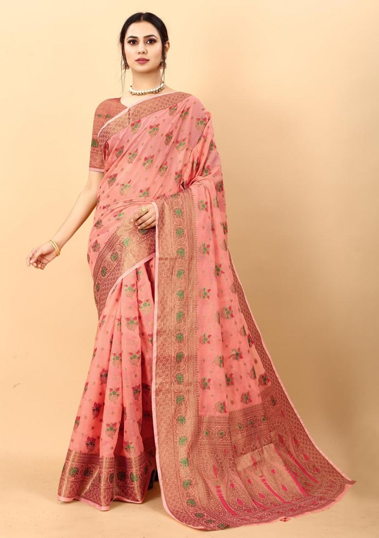 Pink Zari Woven Silk Saree Set - Indya