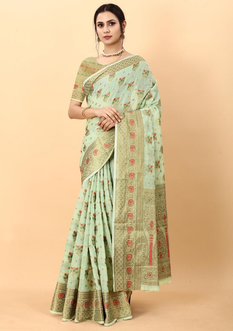 Green Zari Woven Silk Saree Set - Indya