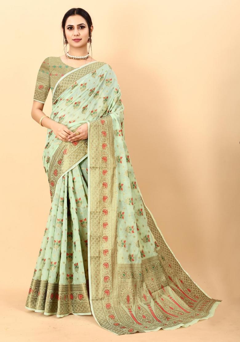 Green Zari Woven Silk Saree Set - Indya
