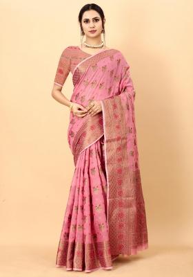 Pink Zari Woven Silk Saree Set
