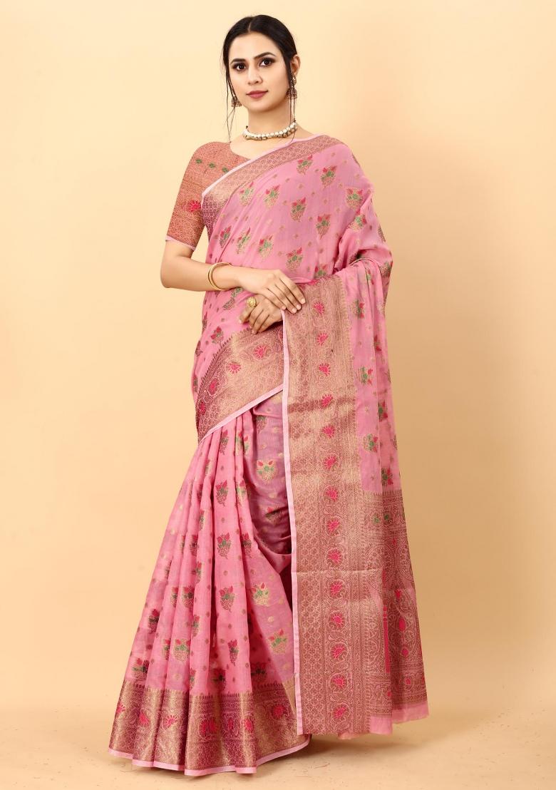 Pink Zari Woven Silk Saree Set - Indya
