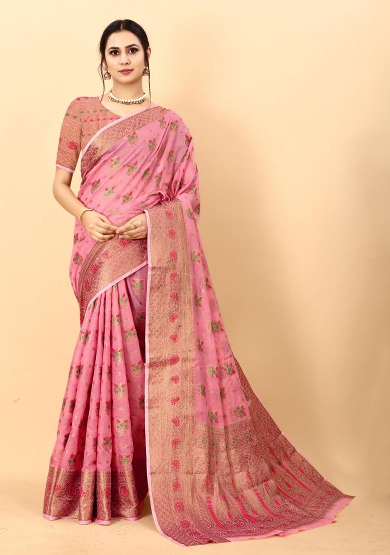 Pink Zari Woven Silk Saree Set - Indya