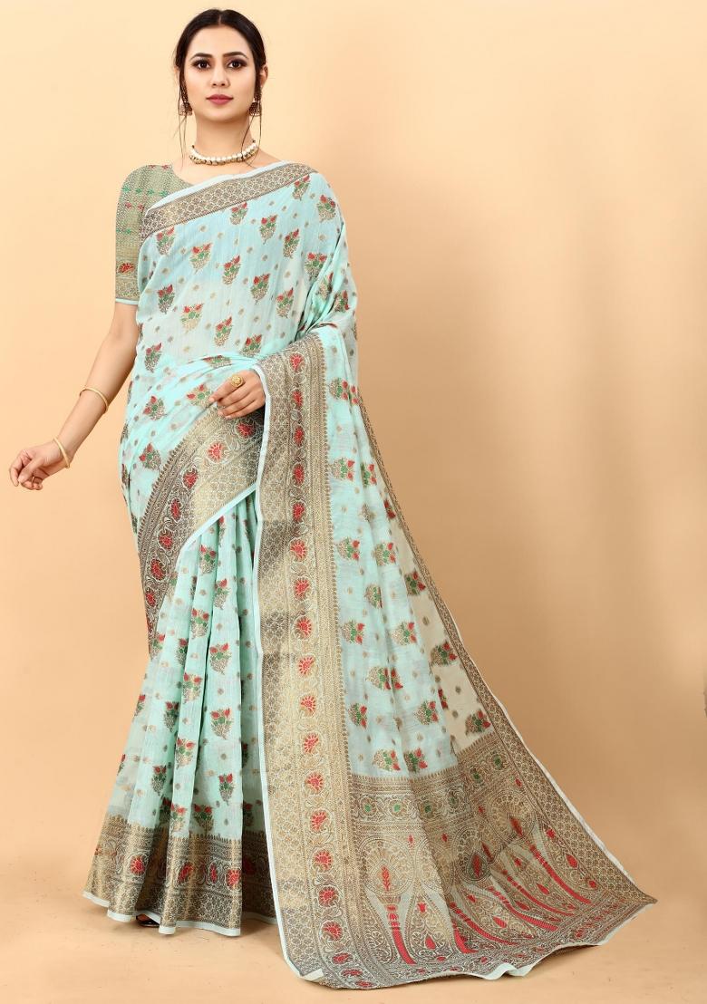 Sky Blue Zari Woven Silk Saree Set - Indya