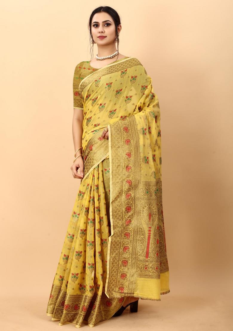 Yellow Zari Woven Silk Saree Set - Indya
