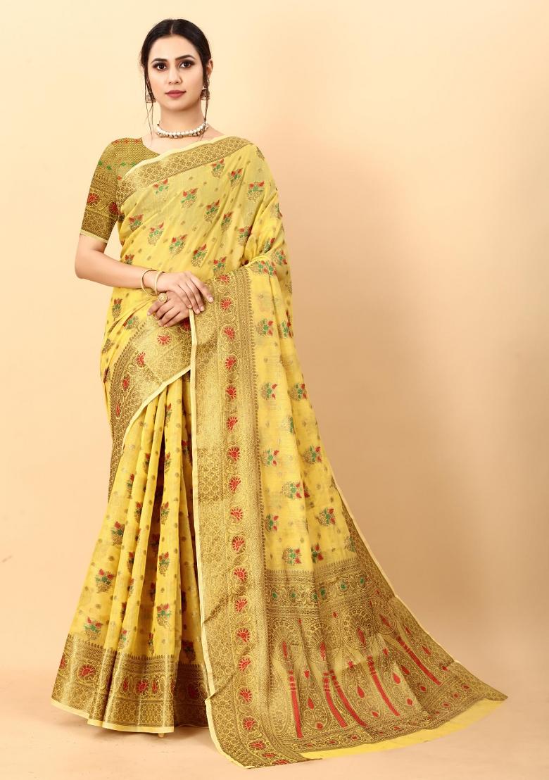 Yellow Zari Woven Silk Saree Set - Indya