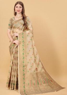 Cream Zari Woven Silk Saree Set