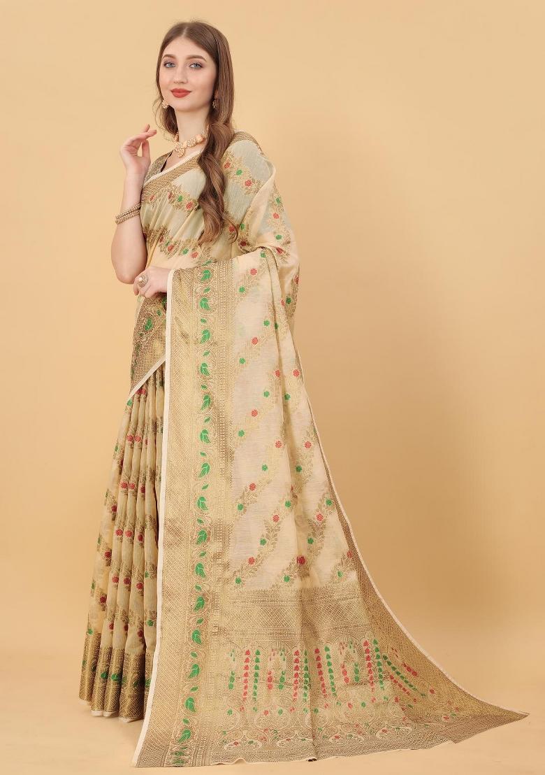 Cream Zari Woven Silk Saree Set - Indya