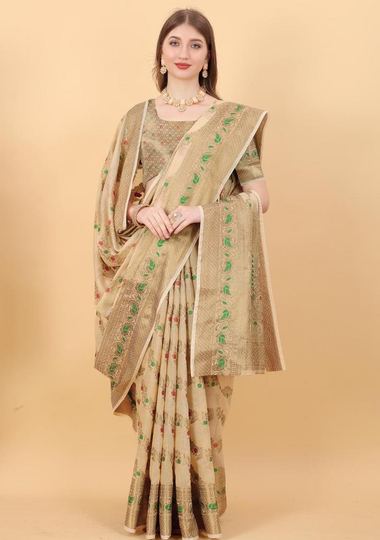 Cream Zari Woven Silk Saree Set - Indya