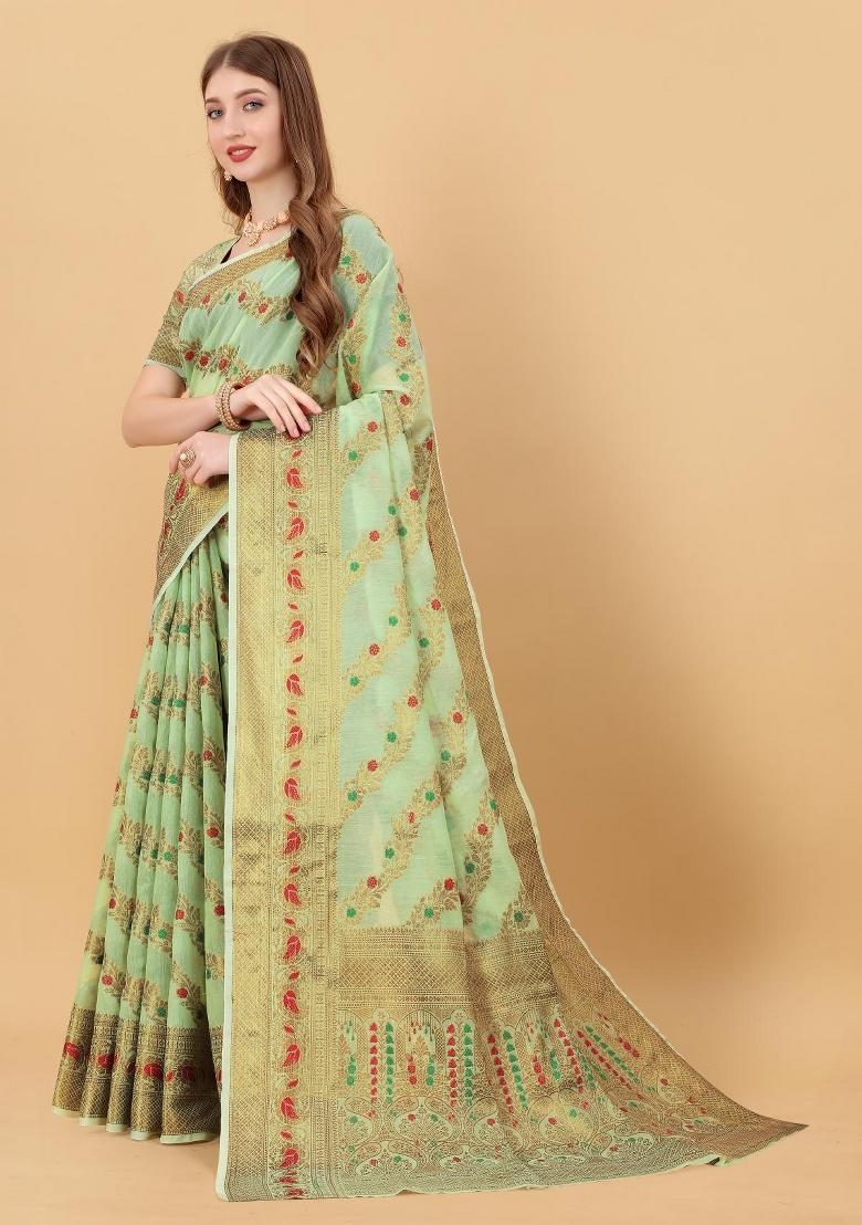 Green Zari Woven Silk Saree Set - Indya
