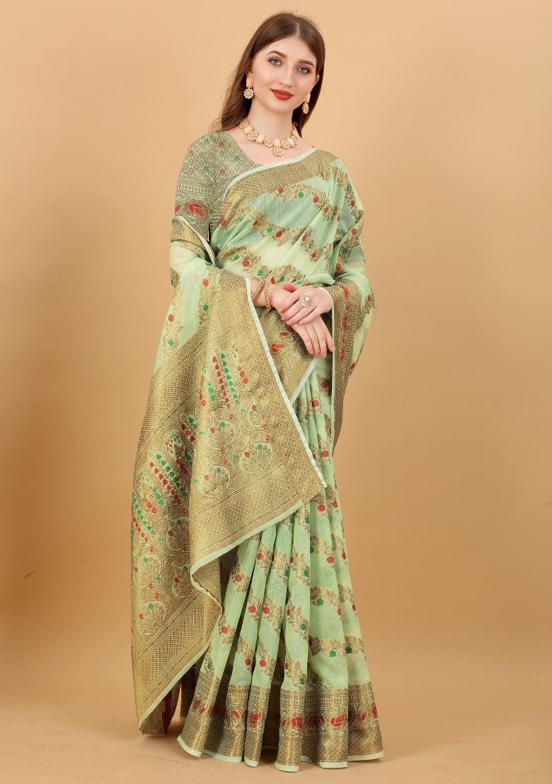 Green Zari Woven Silk Saree Set - Indya