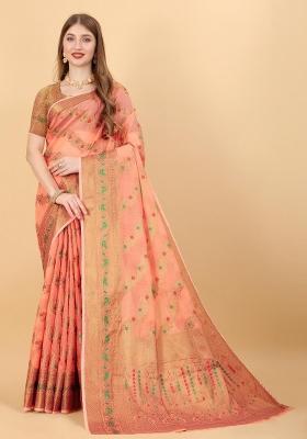 Orange Zari Woven Silk Saree Set