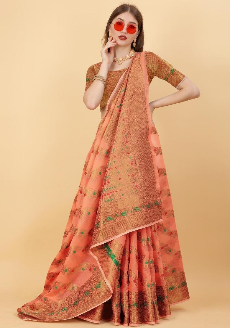 Orange Zari Woven Silk Saree Set - Indya