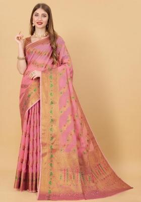 Pink Zari Woven Silk Saree Set