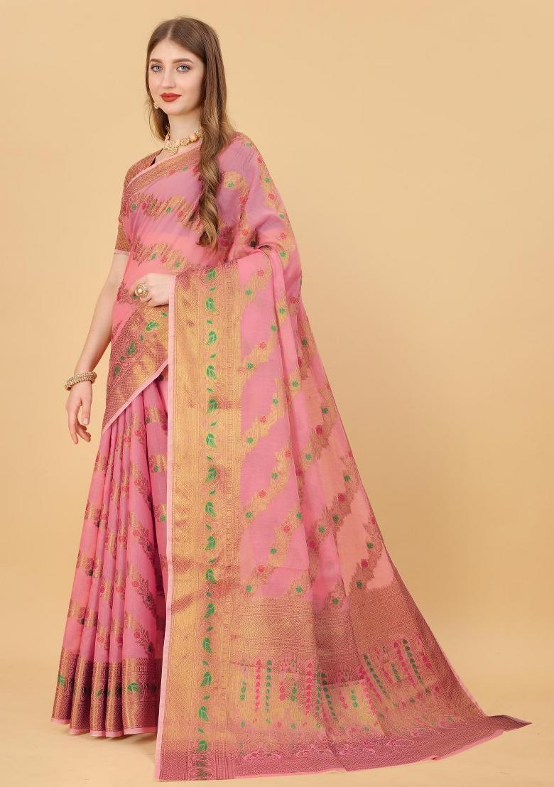 Pink Zari Woven Silk Saree Set - Indya