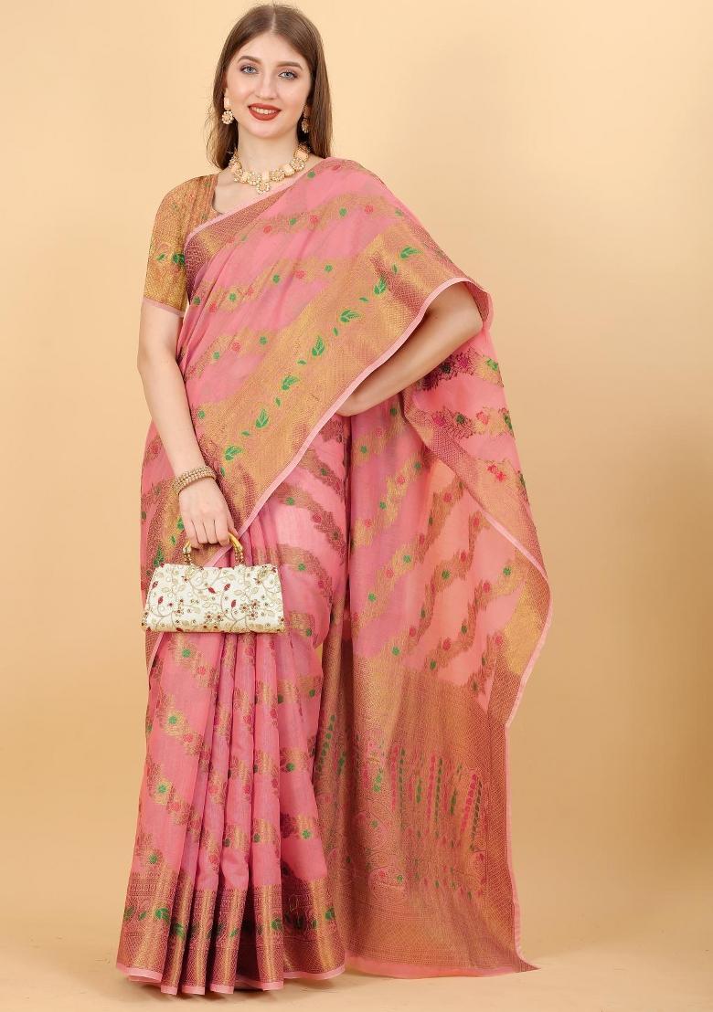 Pink Zari Woven Silk Saree Set - Indya