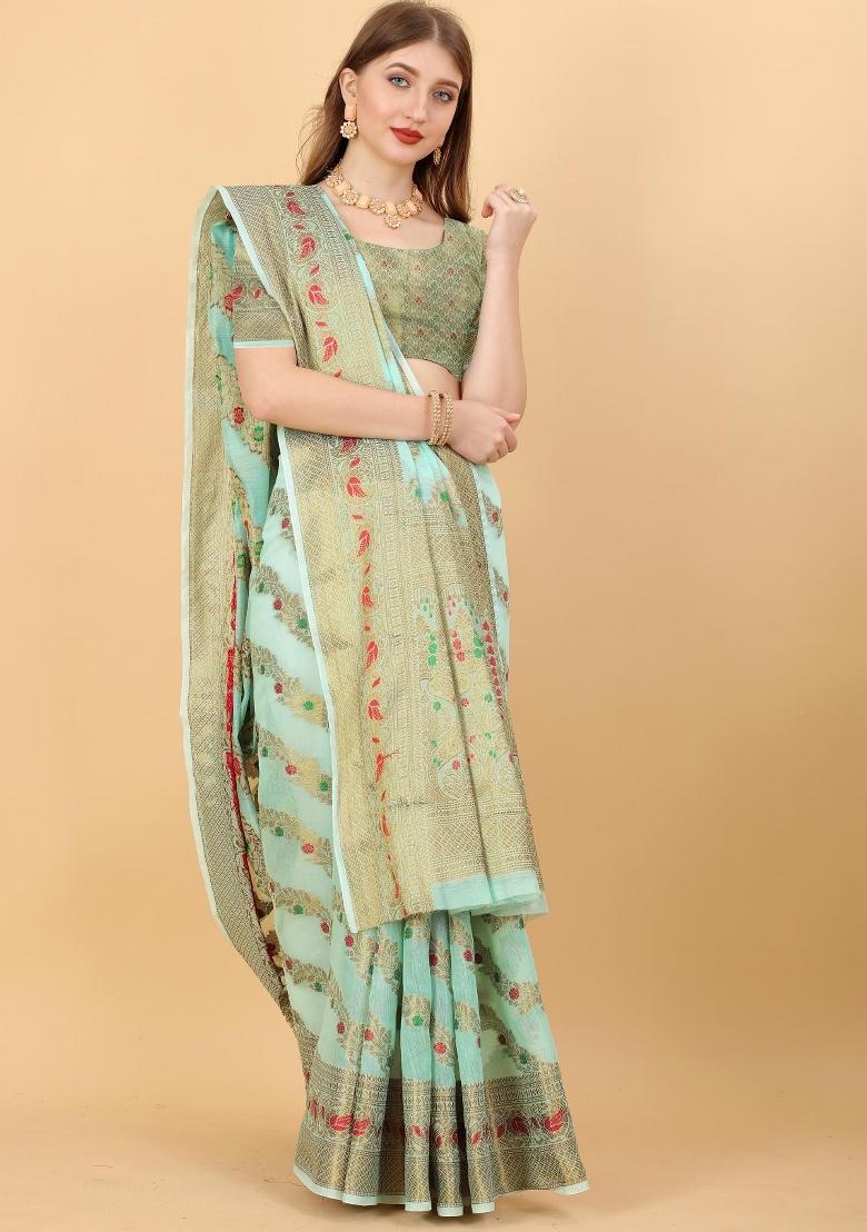 Sky Blue Zari Woven Silk Saree Set - Indya