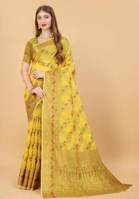 Yellow Zari Woven Silk Saree Set