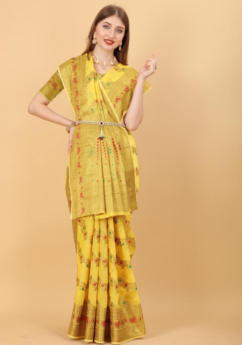 Yellow Zari Woven Silk Saree Set - Indya