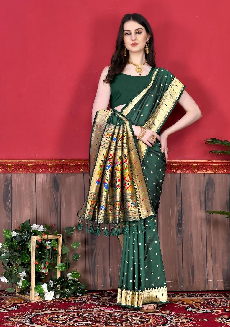 Green Zari Woven Silk Saree Set - Indya