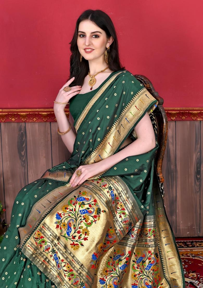 Green Zari Woven Silk Saree Set - Indya