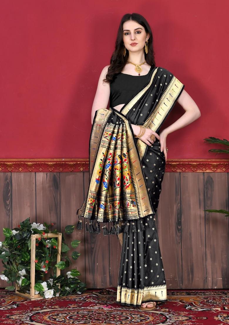 Black Zari Woven Silk Saree Set - Indya