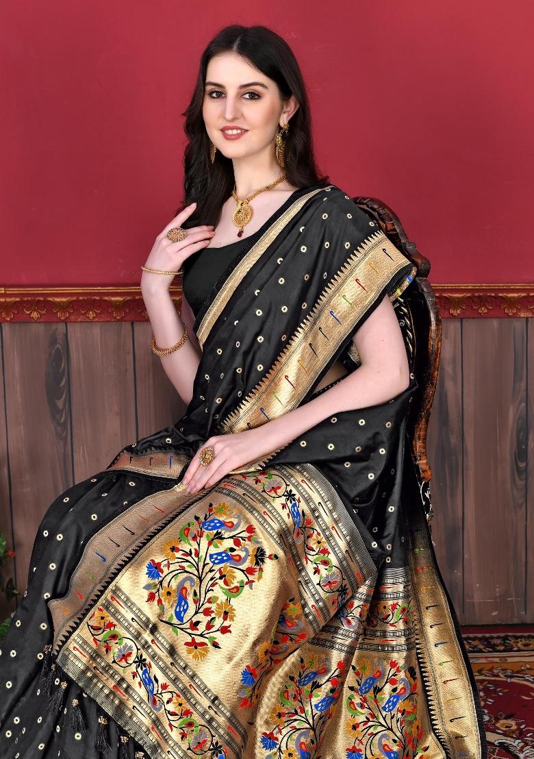 Black Zari Woven Silk Saree Set - Indya
