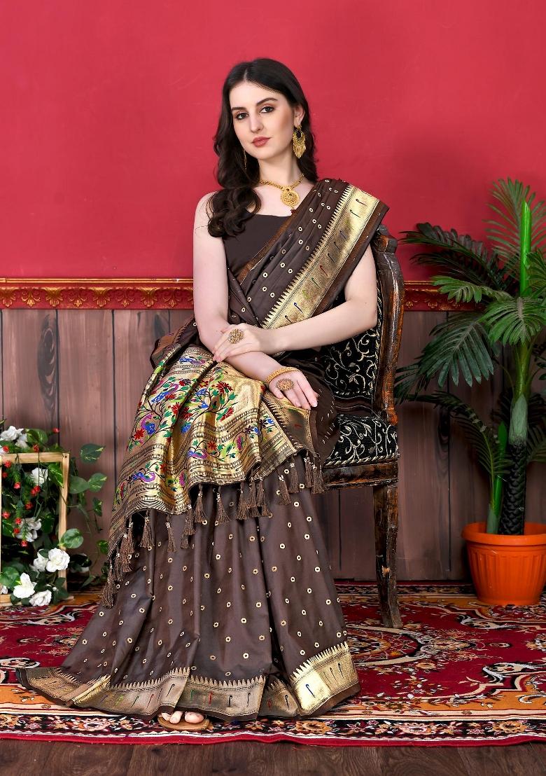 Brown Zari Woven Silk Saree Set - Indya