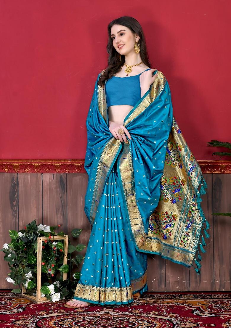 Turquoise Zari Woven Silk Saree Set - Indya