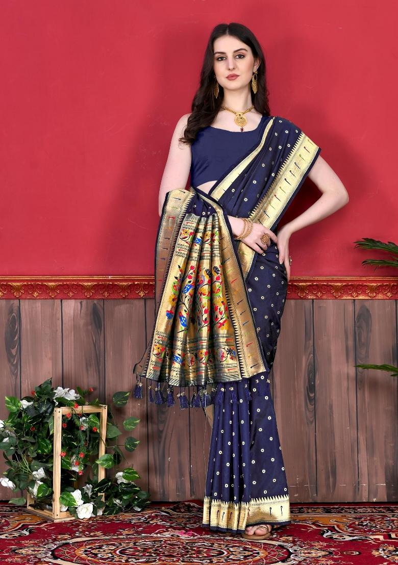 Navy Blue Zari Woven Silk Saree Set - Indya