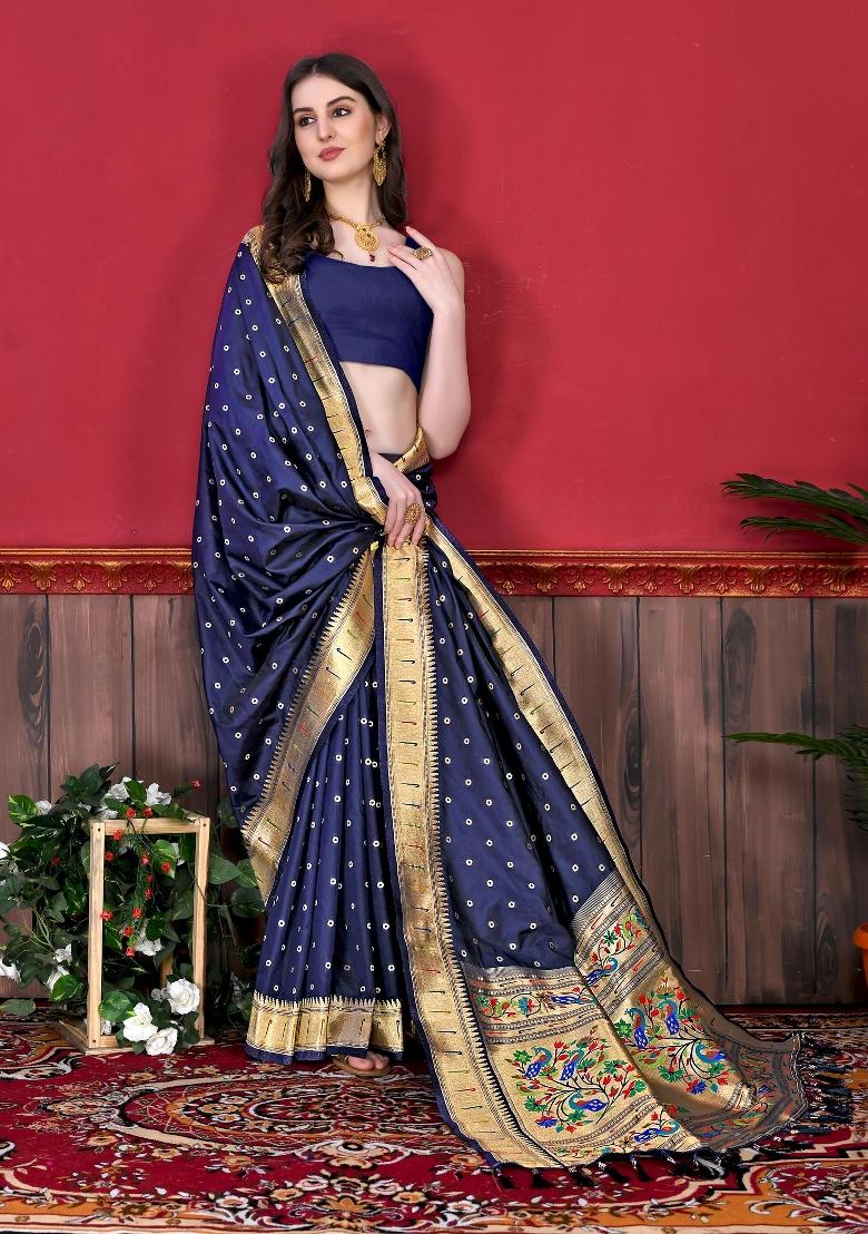 Navy Blue Zari Woven Silk Saree Set - Indya