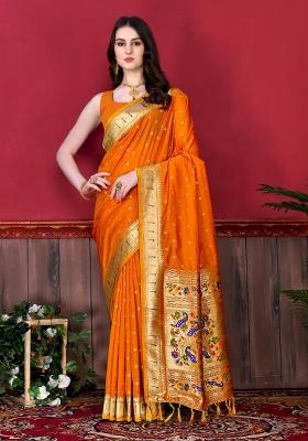 Orange Zari Woven Silk Saree Set