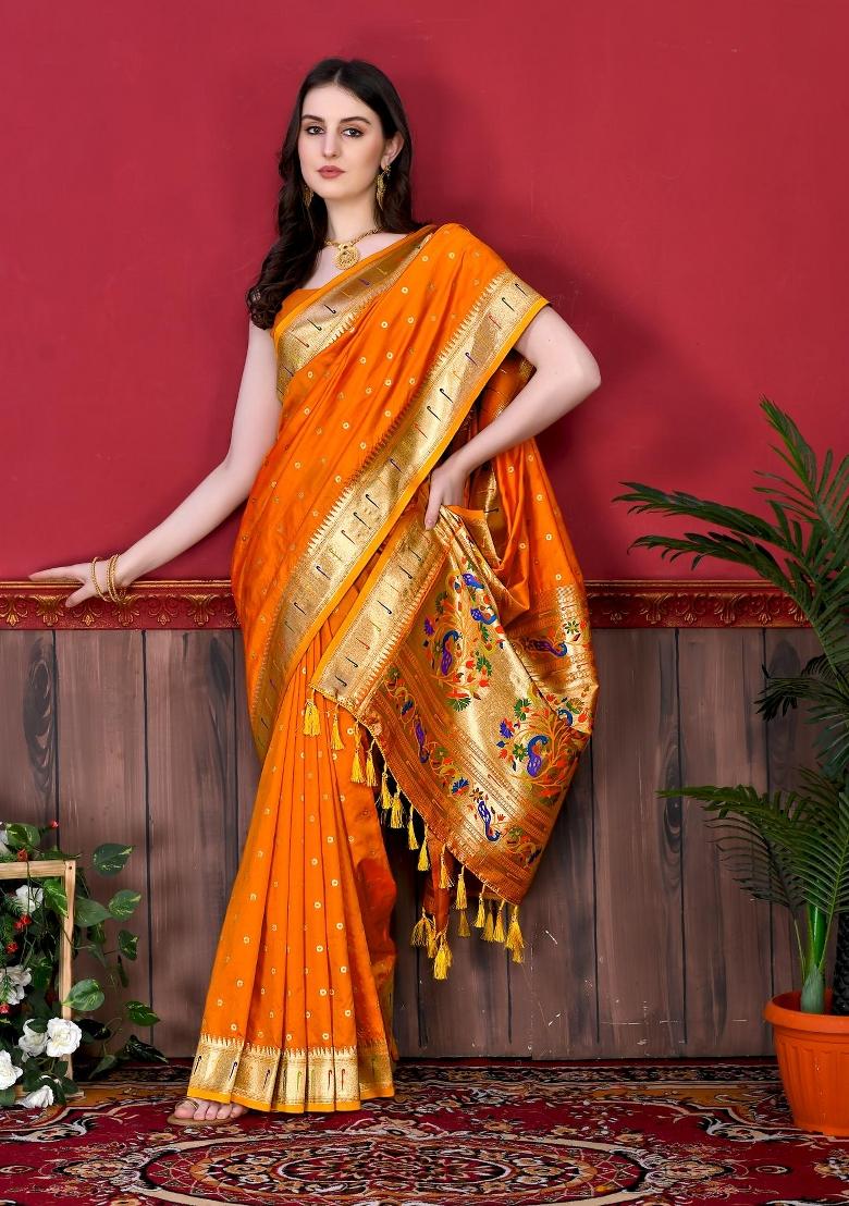 Orange Zari Woven Silk Saree Set - Indya