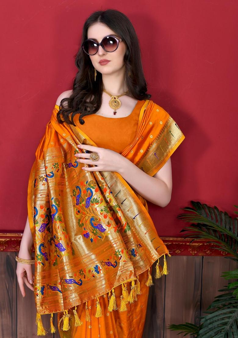 Orange Zari Woven Silk Saree Set - Indya