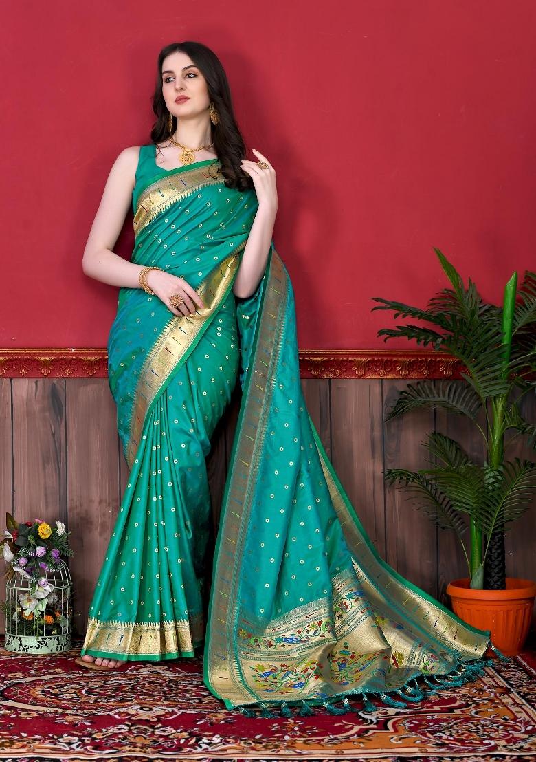 Rama Green Zari Woven Silk Saree Set - Indya