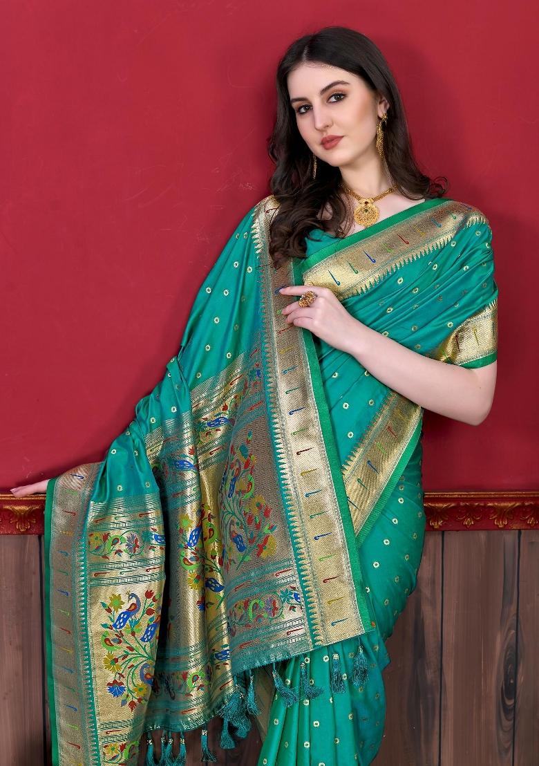 Rama Green Zari Woven Silk Saree Set - Indya