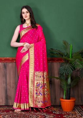 Pink Zari Woven Silk Saree Set
