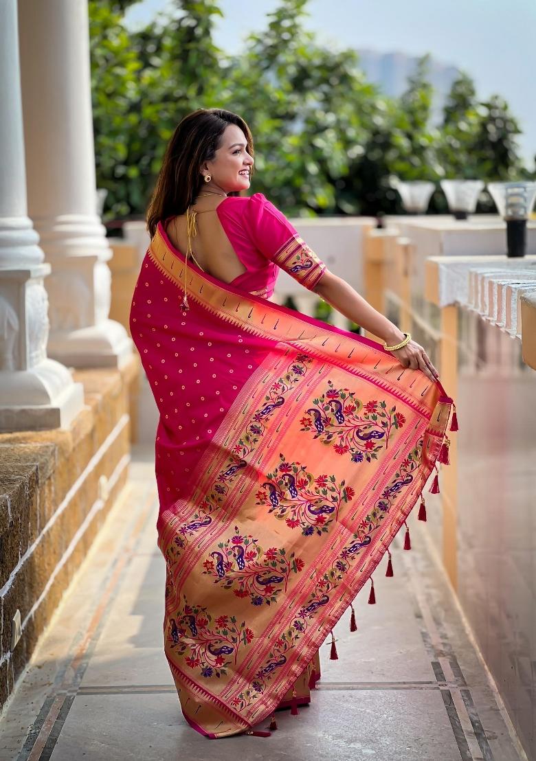 Pink Zari Woven Silk Saree Set - Indya