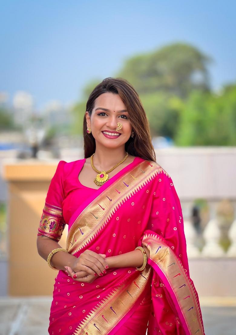 Pink Zari Woven Silk Saree Set - Indya